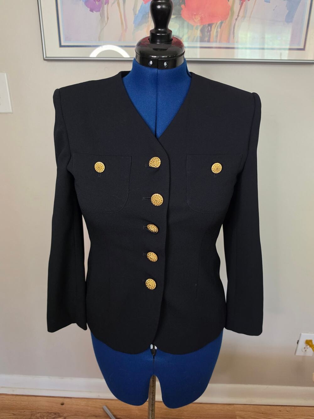 Saville Petite Black Military Style Blazer Gold Buttons Size 8 Career Jacket